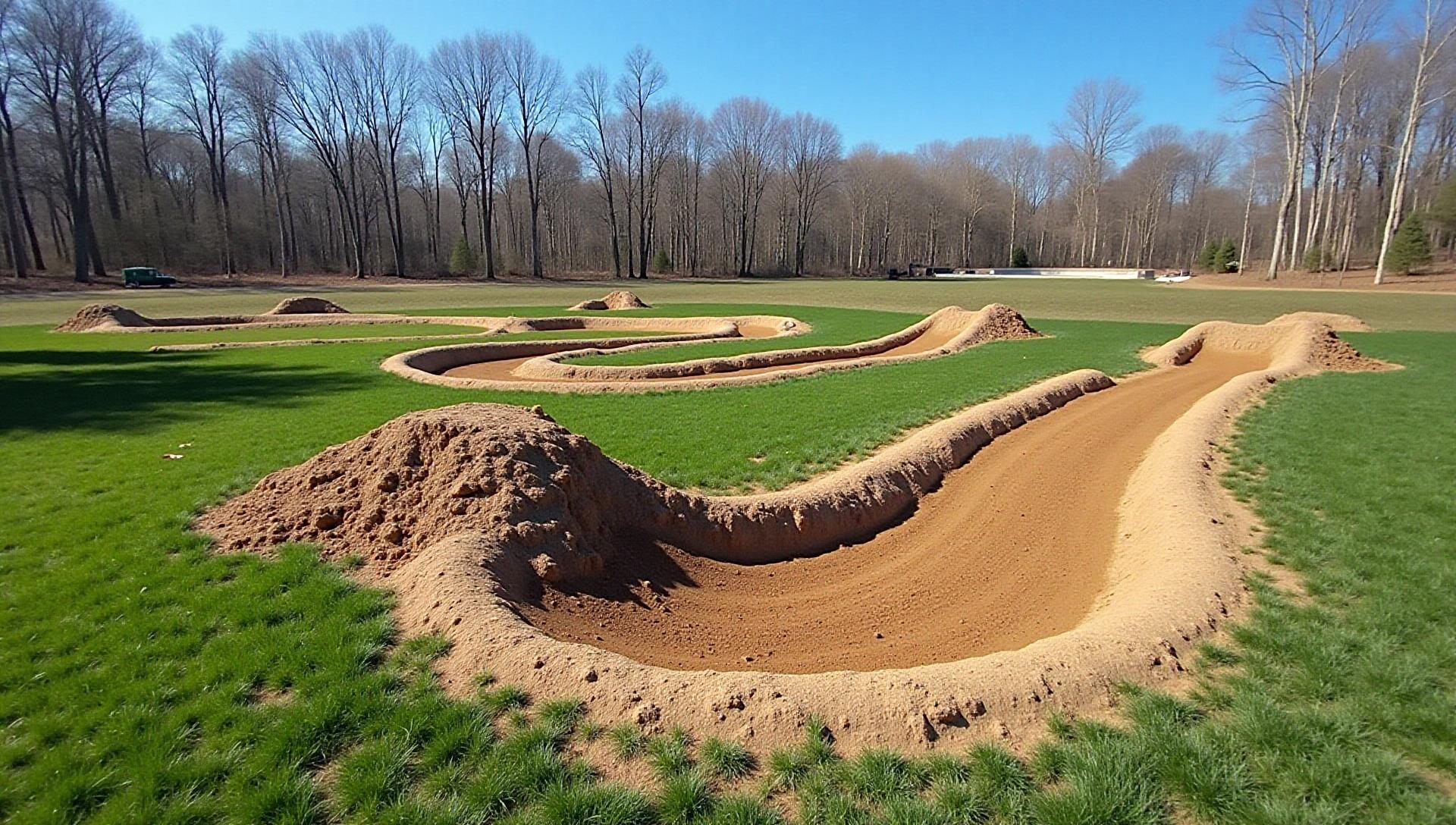 Custom backyard dirt bike practice track with bermed corners and jumps in Ohio built by River Valley Excavation