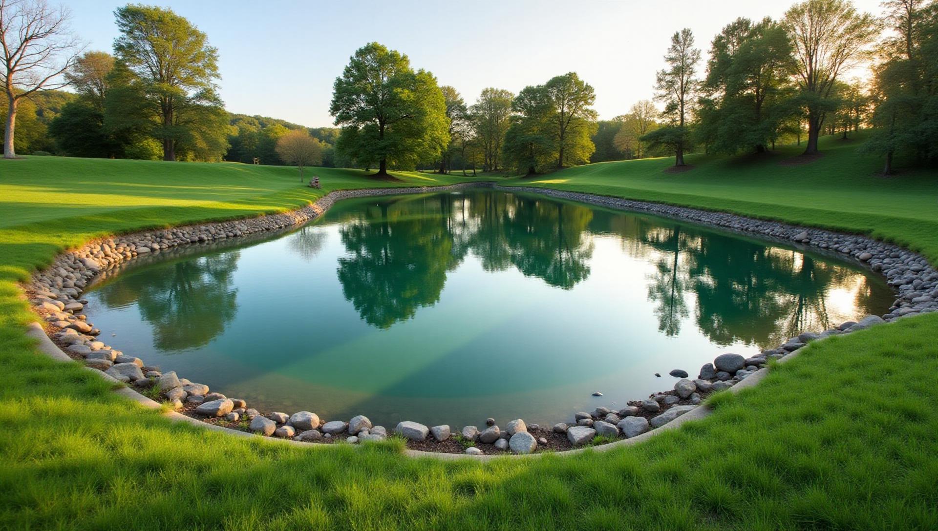 Custom recreation fishing pond with stable banks and clear water in Marietta Ohio built by River Valley Excavation